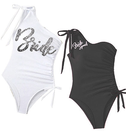 Bride Squad One Shoulder Black Swimsuit