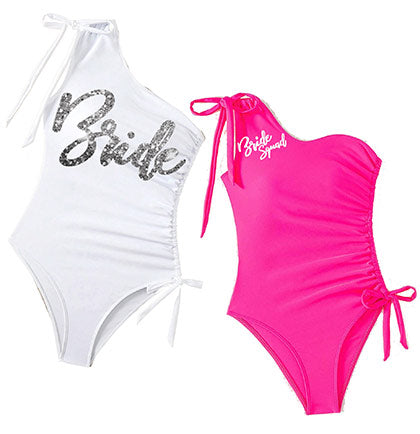 Bride Squad One Shoulder Pink Swimsuit