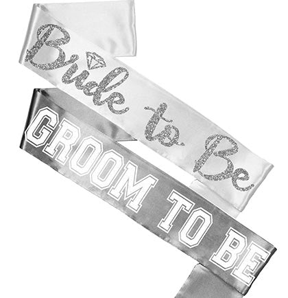Bride Silver Diamond White & Groom Sporty Silver Sash Set