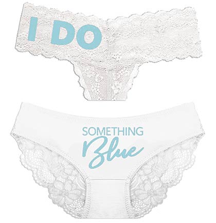 Light Blue I Do white lace thong panty and light blue Something Blue white bikini panty set