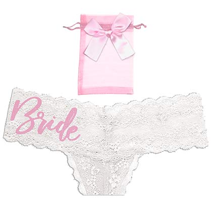 Light pink white lace thong panty with a light pink 4x6 organza bag.