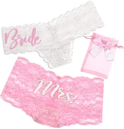 Pink Bride white thong, white Mrs. pink boyshort and a 4x6 light pink organza bag.