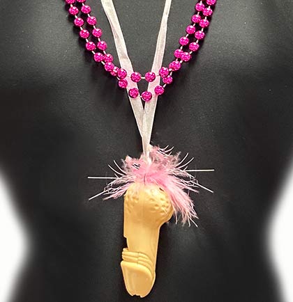 Penis Shaped Whistle with Marabou feathers and two pink metallic bead necklaces