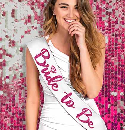 Pink Bride Diamond White & Silver Groom Black Sash Set