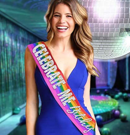Silver sparkle Celebrate Me Bitches rainbow satin sash