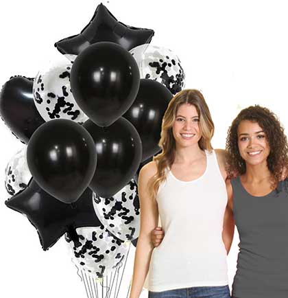 Set of fourteen black balloon set including round, confetti filled, heart shaped and star shaped.