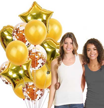 Set of fourteen gold balloon set including round, confetti filled, heart shaped and star shaped.