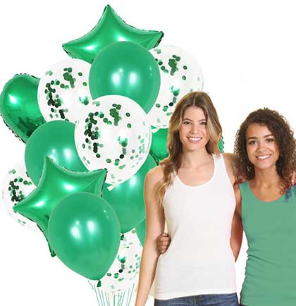 Set of fourteen green balloon set including round, confetti filled, heart shaped and star shaped.