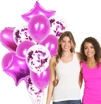 Set of fourteen hot pink balloon set including round, confetti filled, heart shaped and star shaped.