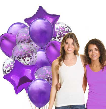 Set of fourteen purple balloon set including round, confetti filled, heart shaped and star shaped.