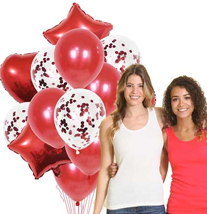 Set of fourteen red balloon set including round, confetti filled, heart shaped and star shaped.