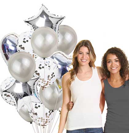 Set of fourteen silver balloon set including round, confetti filled, heart shaped and star shaped.