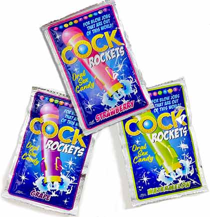 Set of 3 Cock Rocket Oral Sex Candy in Grape, Strawberry and Watermelon.