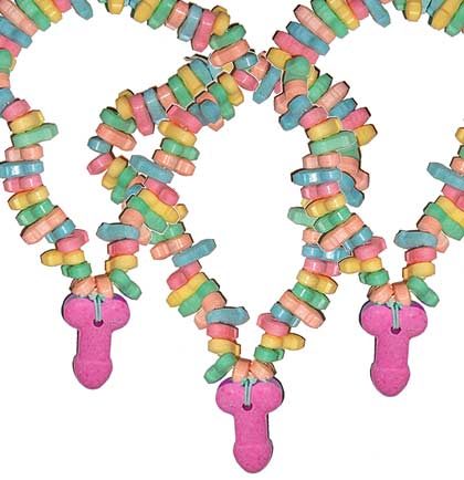 Edible candy necklace with pastel colored penis shaped candies on a string with a pink penis shape medallion.