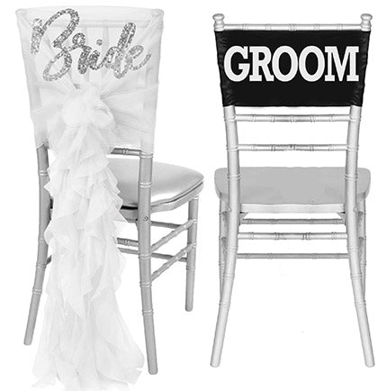 Set of two bridal chair covers. Silver Bride on a white sheer cover and White Groom on a black band.