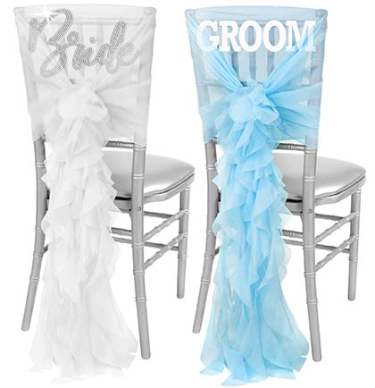 Rhinestone Bride white cover and White Groom blue chair cover