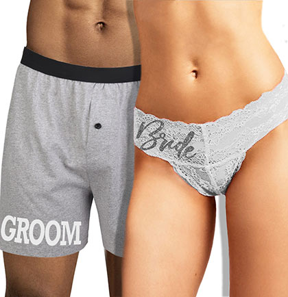 White Groom light grey boxer and Silver Bride white thong set