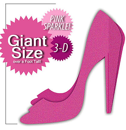 Pink high-heeled shoe with text about giant size and pink sparkle on a white background