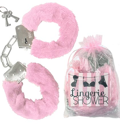 Fuzzy Pink Metal Handcuffs with Pink Organza Bag and Lingerie Shower Sticker.