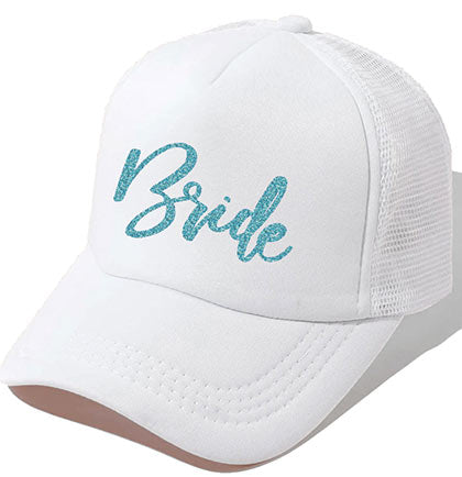 White cap with 'Bride' in aqua text on a white background