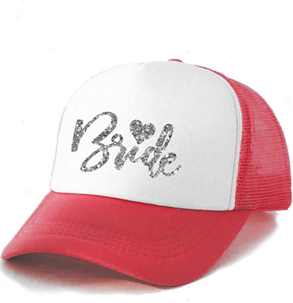Pink and white cap with 'Bride' text on a white background