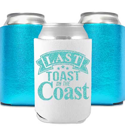 Light Aqua Blue Last Toast on the Coast white cover and two metallic turquoise can covers.