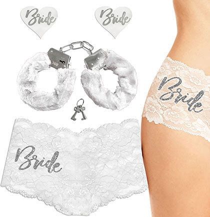 Silver Glam Bride White Boyshort, Pasty & Handcuff White Set