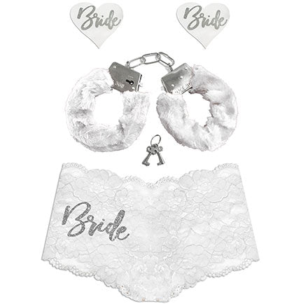 Silver Glam Bride White Boyshort, Pasty & Handcuff White Set