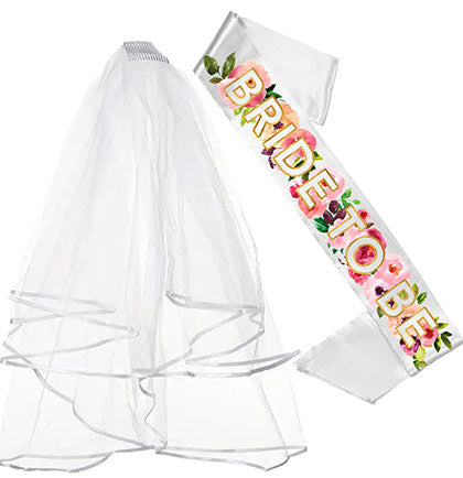 Bride to Be Watercolor Fall Floral Sash & Veil Set - Set of 2