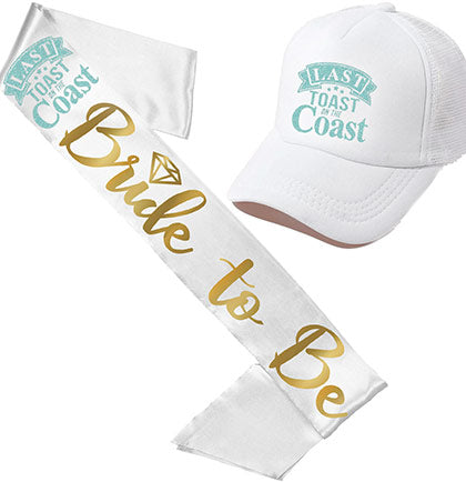 Last Toast Bride to Be Diamond Gold White Sash & Trucker Hat - Set of 2
