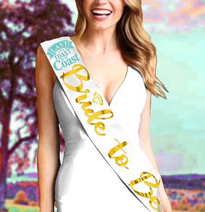 Last Toast Bride to Be Diamond Gold White Sash & Gem Bride Headband - Set of 2