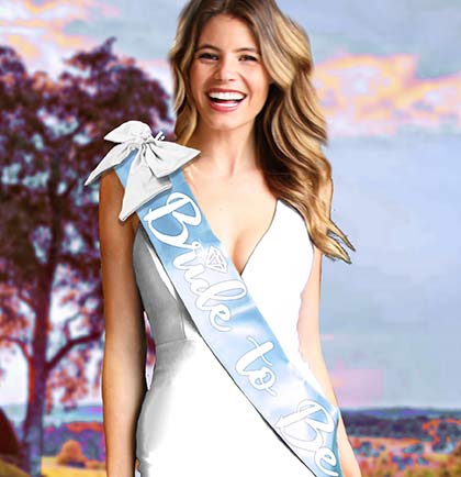 White Bride to Be on Coastal Blue sash with a White Satin Bow Clip