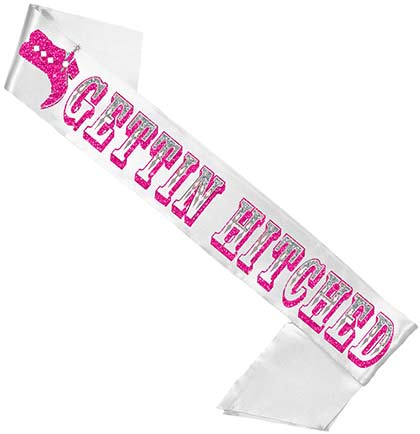 Gettin' Hitched Hot Pink & Silver Glitter Sash: White
