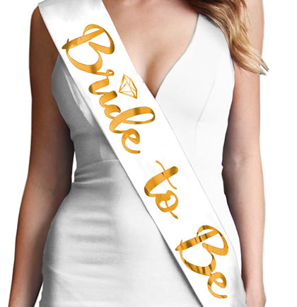 Bride to Be White & Gold Diamond Sash, Veil & Bow - Set of 3