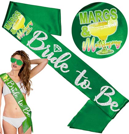 Margs & Matrimony Bride to Be Silver Green Satin Sash