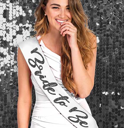 Black Glam Bride White Sash & Silver Groom Black Sash Set