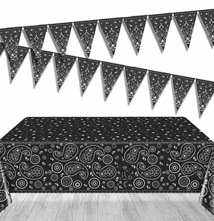 Black and White paisley print plastic table cover and pennant banner