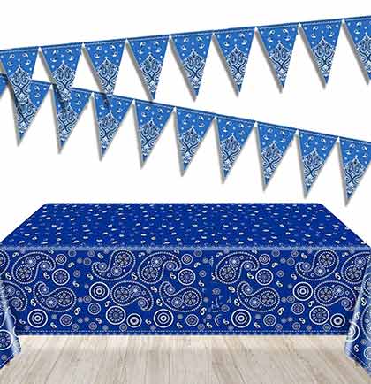 Blue and White paisley print plastic table cover and pennant banner