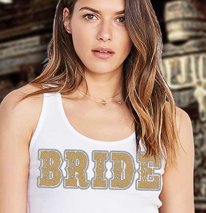 Western Bride with gold glitter lettering accented with rhinestones on a white tank