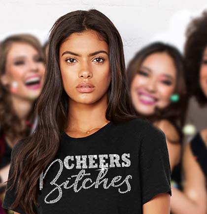 Cheers Bitches Silver Sparkle and Rhinestone Black Tshirt
