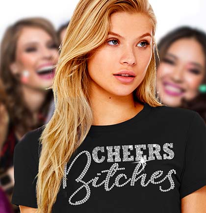 Silver sparkle and real crystal rhinestone Cheers Bitches black tshirt