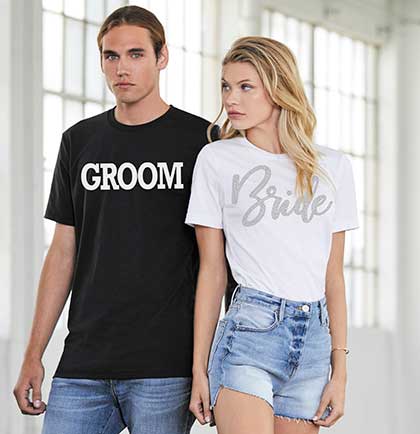 Set of Rhinestone Bride White Tee and White Groom Black Tee.