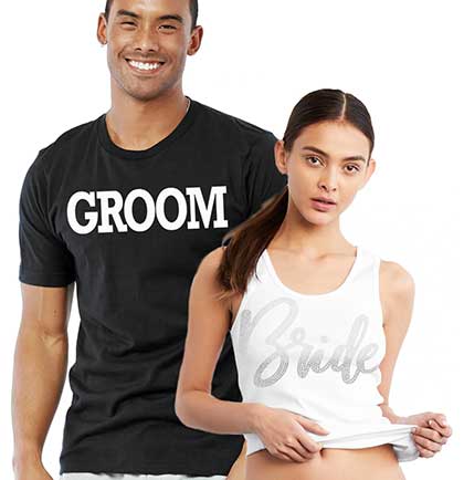 Couple matching shirts. Rhinestone Bride white tank top and white Groom black tshirt.
