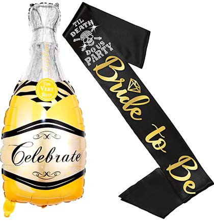 Til Death Bride to Be Diamond Gold Metallic Black Sash & Gold Celebrate Champagne Balloon