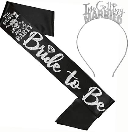 Til Death Bride to Be Silver Diamond Black Sash & Getting Married Headband