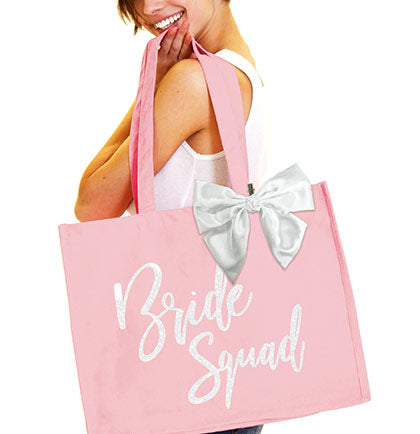White Glam Bridal Party Large Canvas Blush Tote with White Bow