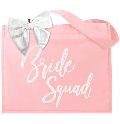 White Glam Bridal Party Large Canvas Blush Tote with White Bow