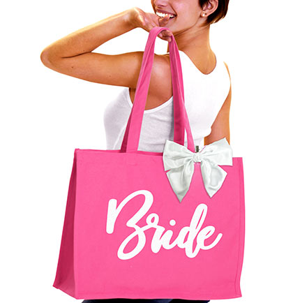 Bride White Glam Large Canvas Tote with White Bow