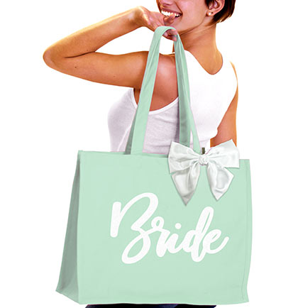 Bride White Glam Large Canvas Tote with White Bow