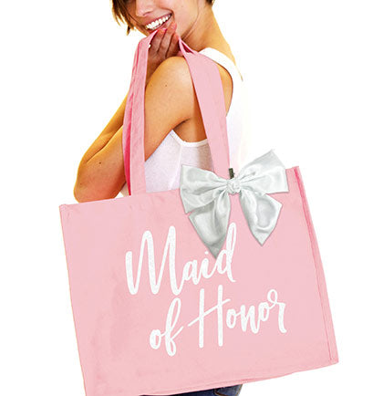 White Glam Bridal Party Large Canvas Blush Tote with White Bow